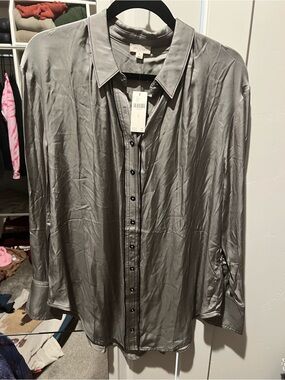 Pilcro Women’s Satin Button-Up Shirt — Silver Gray
